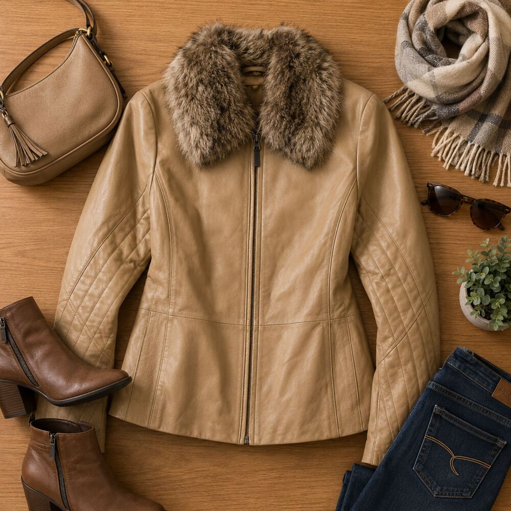 Columbia Leather Coat Tan Women's Size L Large Fur Collar Full Zip